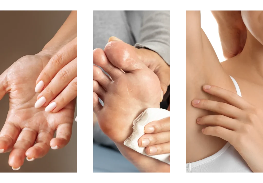 Three-panel collage: left shows a hand with manicured nails, center shows a foot being cleaned with a tissue, right shows a hand resting on the shoulder area indicating care or relaxation.